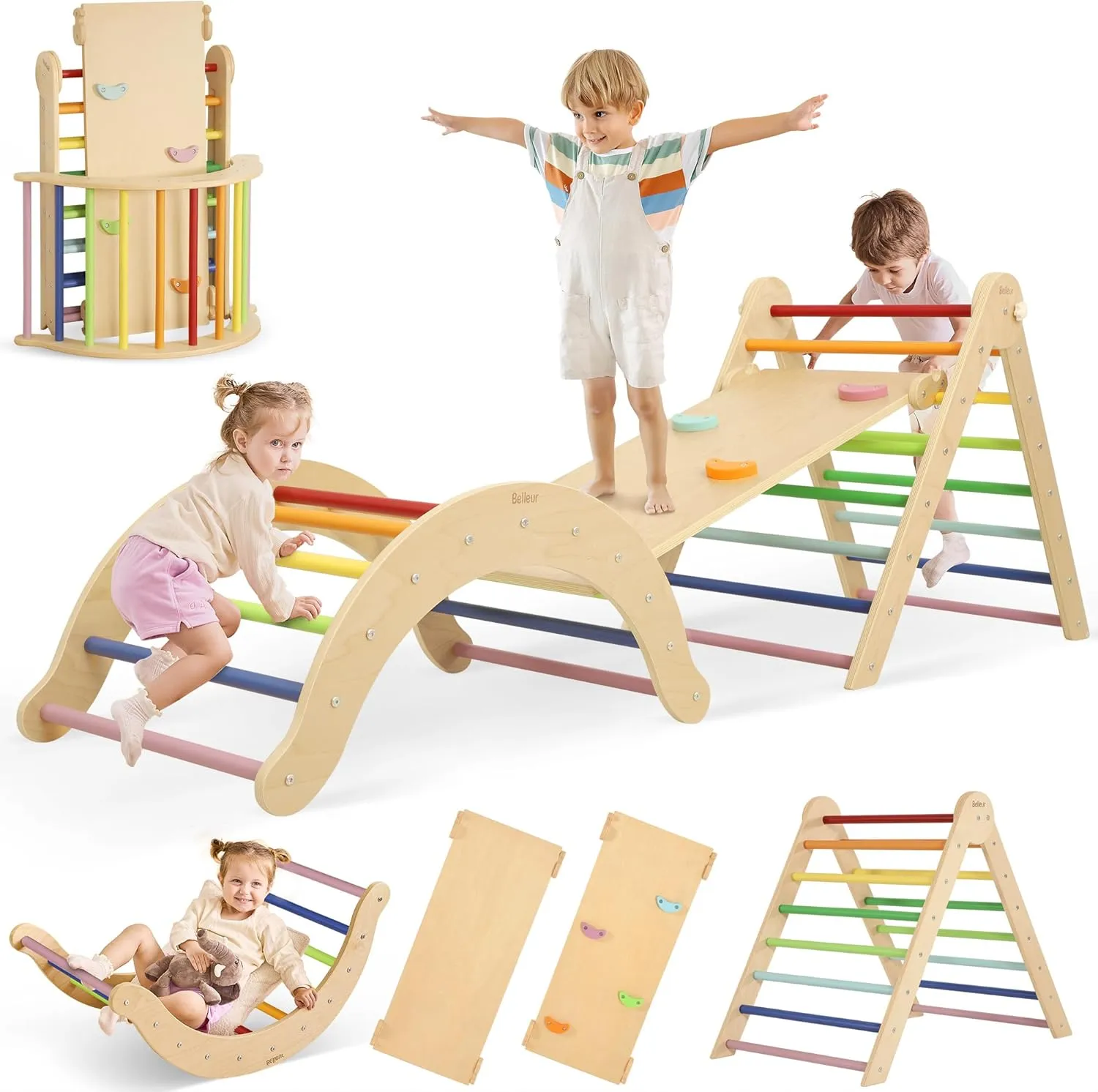 7-in-1 Climbing Toys for Toddlers 1-3 Inside, Foldable Wooden Montessori Climbing Set Indoor, Pikler Triangle Set with Arch, Ramp & Ladder - Rainbow