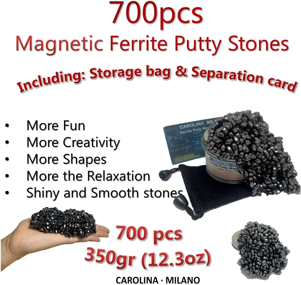700 PCS Black Crags Ferrite Putty for Adults Ferrite Stones, Satisfying Fun Fidget Office Desk Toy, Shiny Black Color Beads with Separator Card, Storage Bag & a tin Box, 350gr