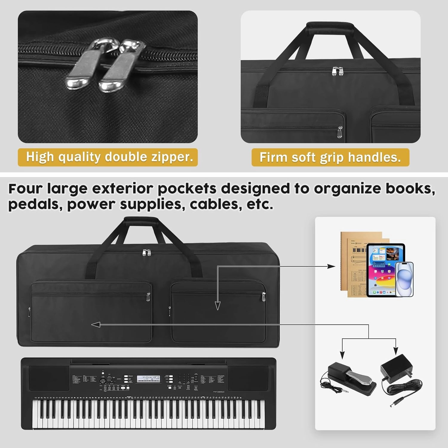 73/76-Key Piano Keyboard Case – Padded Electric Piano Case with Adjustable Backpack Straps, 4 Storage Pockets for Accessories, 46.5"x5.1"x17.9", Black