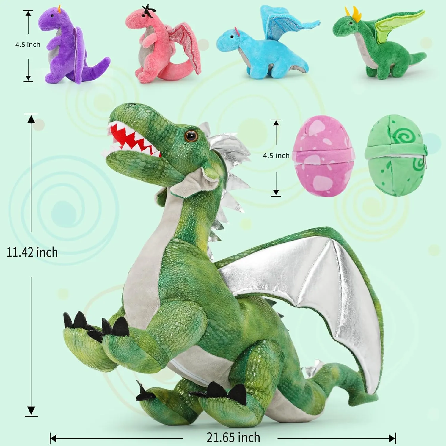 7Pcs Green Dragon Plush Toy Set,Dinosaur Stuffed Animal for Boys,Girls,Dragon Stuffed Animal with 4 Baby Dragons & 2 Dragon Egg,Dinosaur Toy for Kids on Birthday, Christmas,Dinosaur Eggs