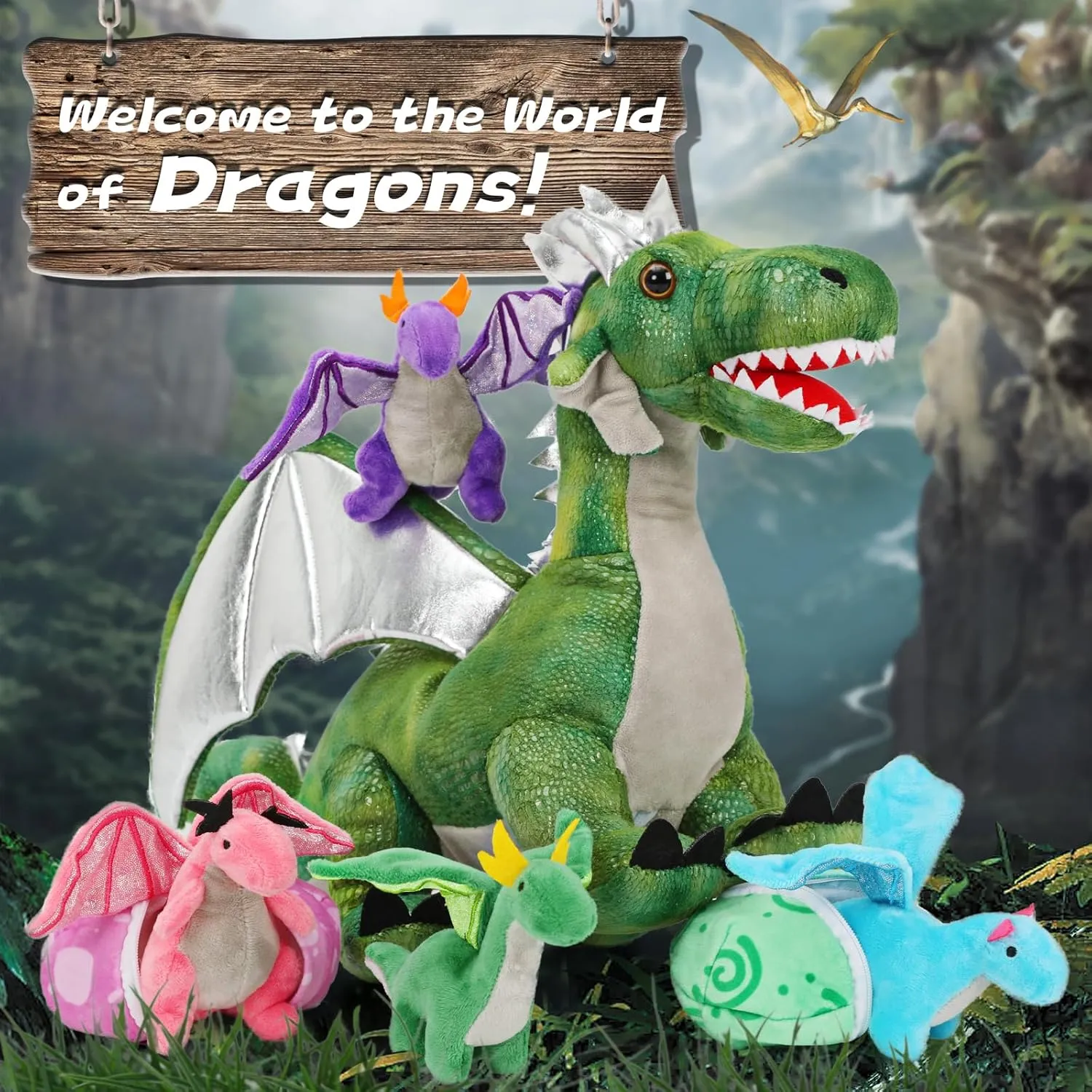 7Pcs Green Dragon Plush Toy Set,Dinosaur Stuffed Animal for Boys,Girls,Dragon Stuffed Animal with 4 Baby Dragons & 2 Dragon Egg,Dinosaur Toy for Kids on Birthday, Christmas,Dinosaur Eggs
