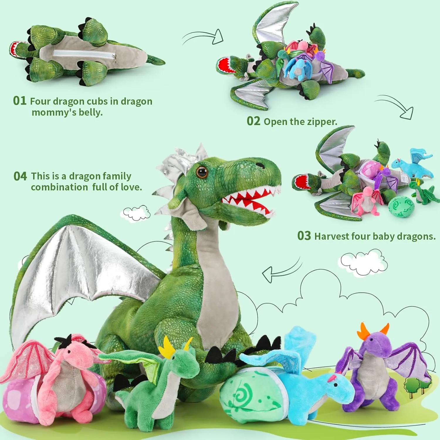 7Pcs Green Dragon Plush Toy Set,Dinosaur Stuffed Animal for Boys,Girls,Dragon Stuffed Animal with 4 Baby Dragons & 2 Dragon Egg,Dinosaur Toy for Kids on Birthday, Christmas,Dinosaur Eggs