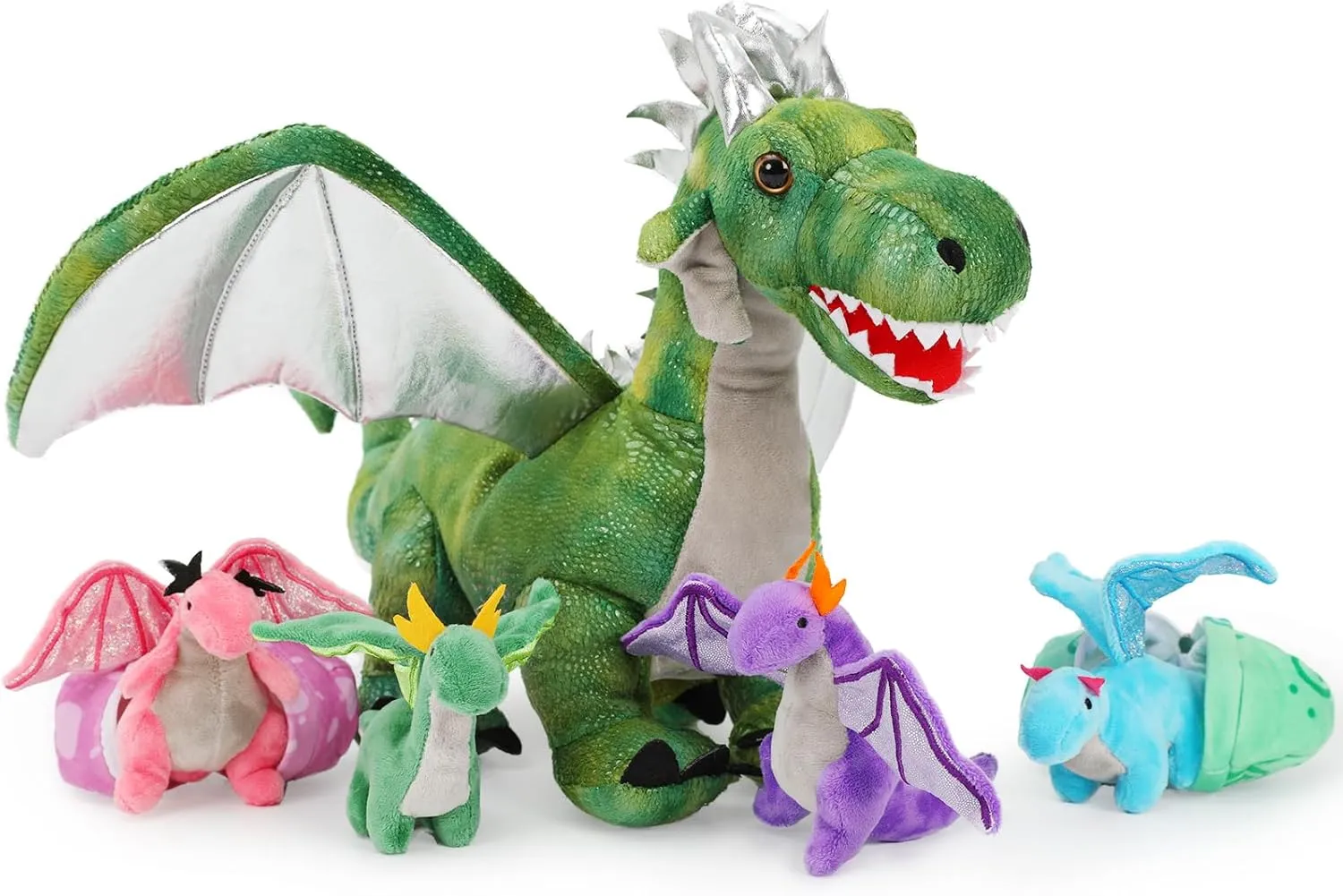 7Pcs Green Dragon Plush Toy Set,Dinosaur Stuffed Animal for Boys,Girls,Dragon Stuffed Animal with 4 Baby Dragons & 2 Dragon Egg,Dinosaur Toy for Kids on Birthday, Christmas,Dinosaur Eggs