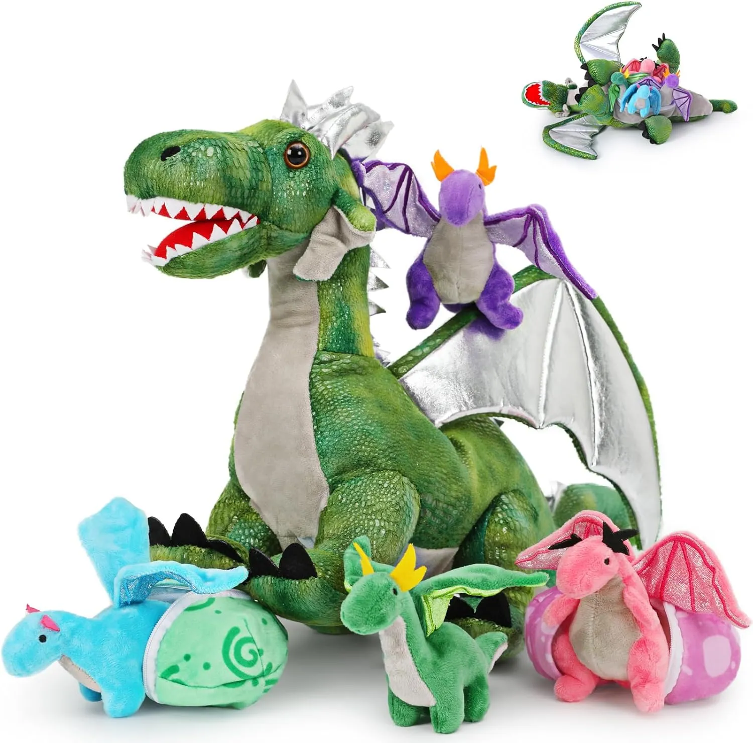 7Pcs Green Dragon Plush Toy Set,Dinosaur Stuffed Animal for Boys,Girls,Dragon Stuffed Animal with 4 Baby Dragons & 2 Dragon Egg,Dinosaur Toy for Kids on Birthday, Christmas,Dinosaur Eggs