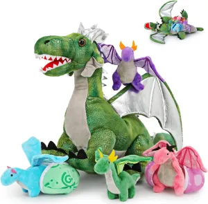 7Pcs Green Dragon Plush Toy Set,Dinosaur Stuffed Animal for Boys,Girls,Dragon Stuffed Animal with 4 Baby Dragons & 2 Dragon Egg,Dinosaur Toy for Kids on Birthday, Christmas,Dinosaur Eggs