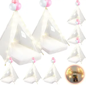 8 Pack Sleepover Tent for Girls Party,Teepee Tent for Kids Slumber Party Bulk with Light String,Air Mattress,Fitted Sheet,Washable Natural Cotton Toddler Teepee Indoor Outdoor(White)