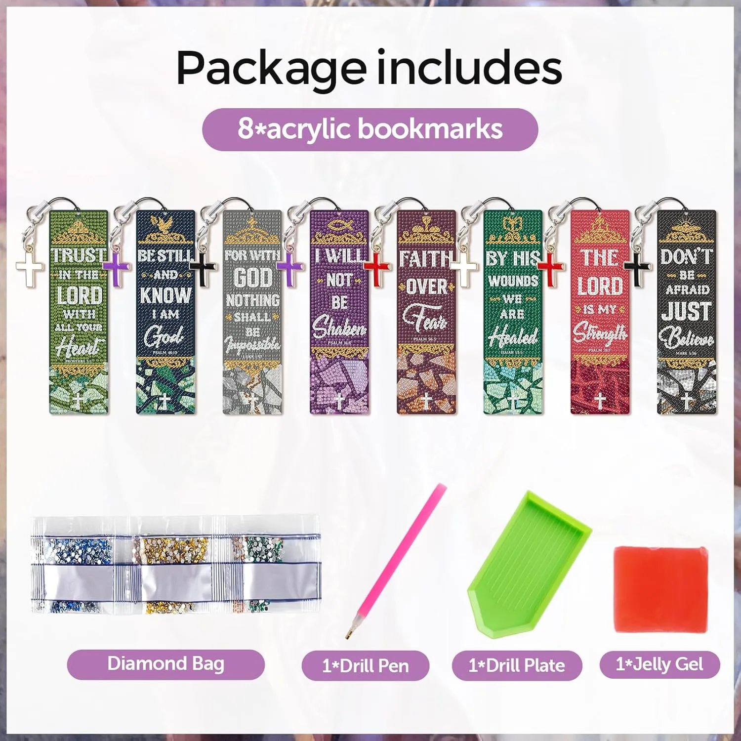 8 Pieces Christian Bible Verse Diamond Art Bookmarks 5d Christian Beaded Bookmark Acrylic Tassel Bookmark for DIY Making Beginners Kids Adults Arts Craft Supplies (Bible)