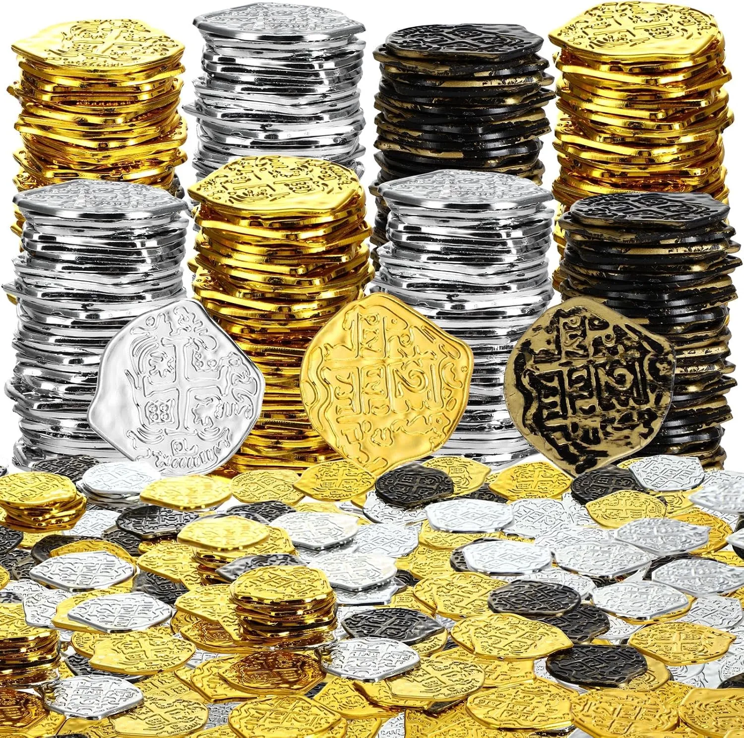 800 Pcs Plastic Pirate Coin Gold Treasure Spanish Doubloon Fake St. Patricks Toy Coin for Kids Board Games Pirate Party Cosplay Teachers Classroom Reward(Gold, Silver, Bronze)