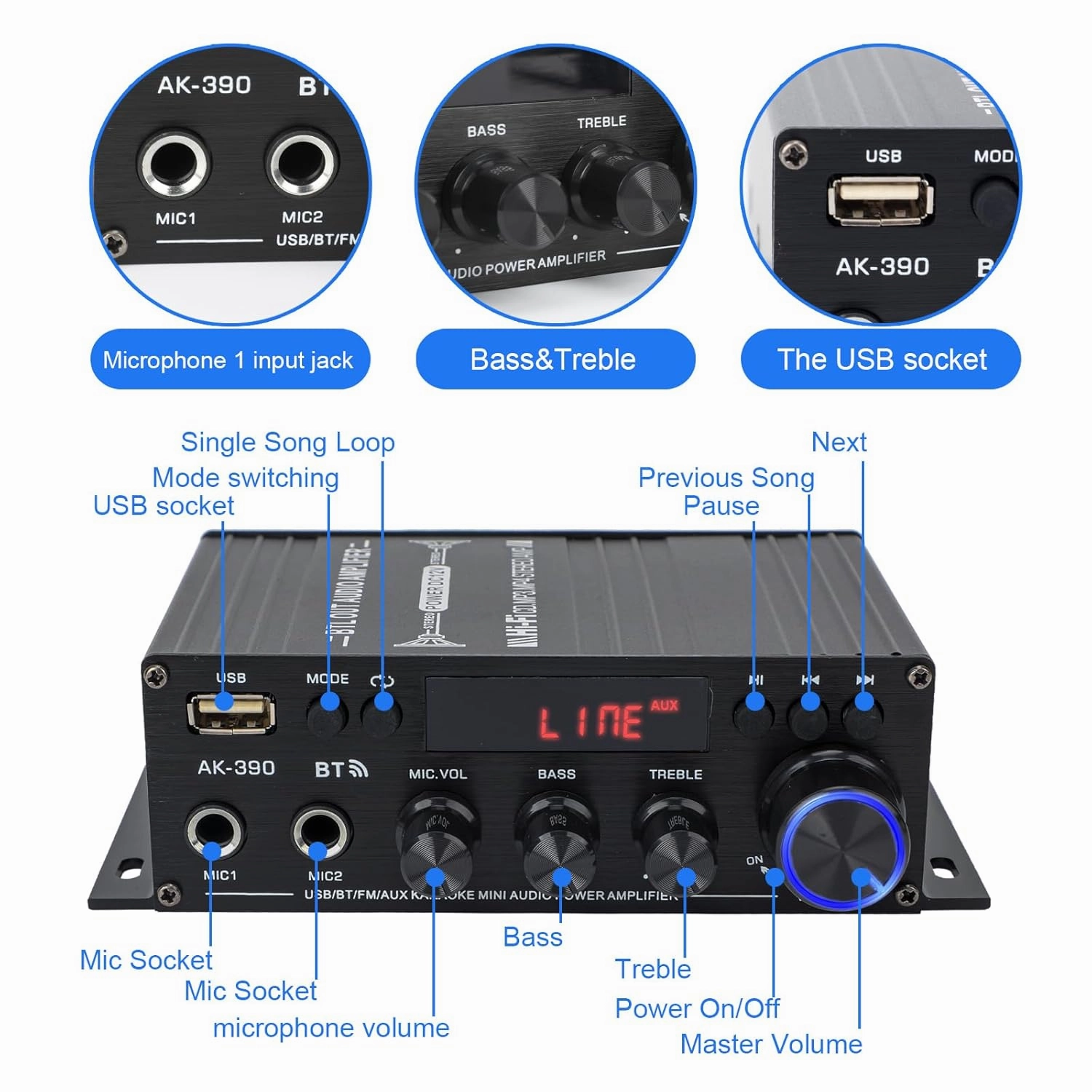 800W Amplifier Home Audio, Bluetooth 5.0 Small Amplifier, RMS 40Wx2, 2 Channel Amplifier with USB SD BT.C FM AUX Amp for Home Theater Karaoke, Garage, Backyard, Theater, Outdoor, Poolside