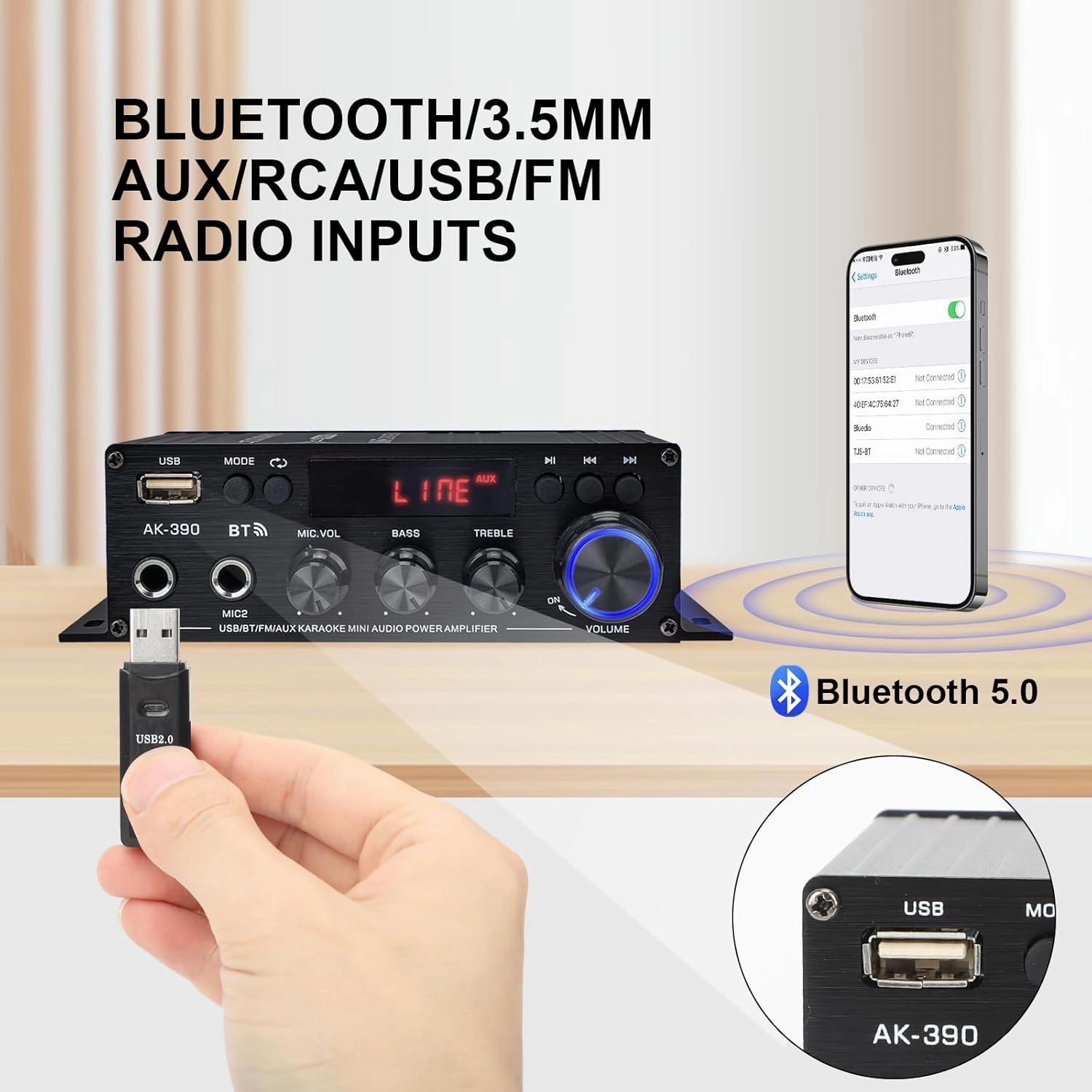 800W Amplifier Home Audio, Bluetooth 5.0 Small Amplifier, RMS 40Wx2, 2 Channel Amplifier with USB SD BT.C FM AUX Amp for Home Theater Karaoke, Garage, Backyard, Theater, Outdoor, Poolside