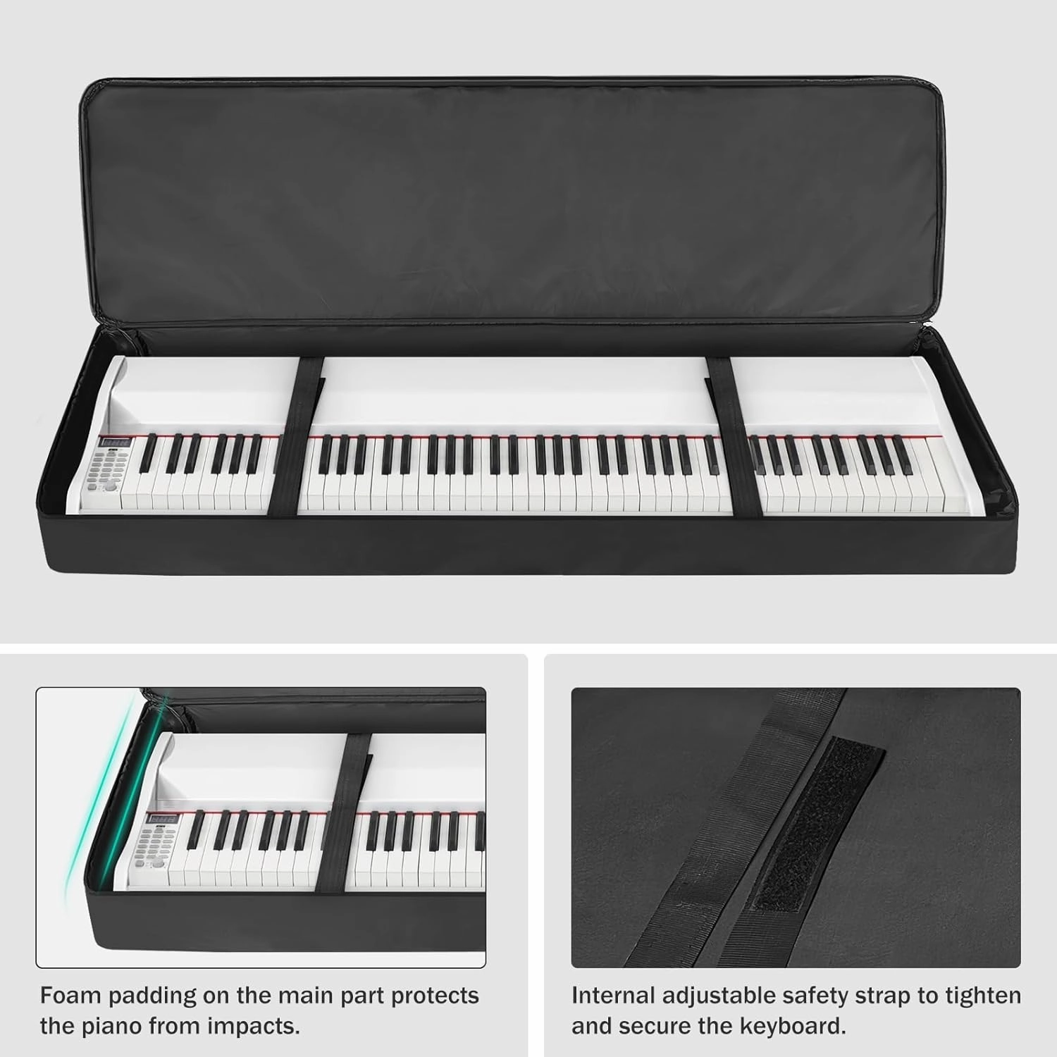 88-Key Keyboard Case – Full Padded Piano Gig Bag with Adjustable Shoulder Straps, 4 Storage Pockets for Accessories, 53.9" x 7.1" x 14.6" (Black)