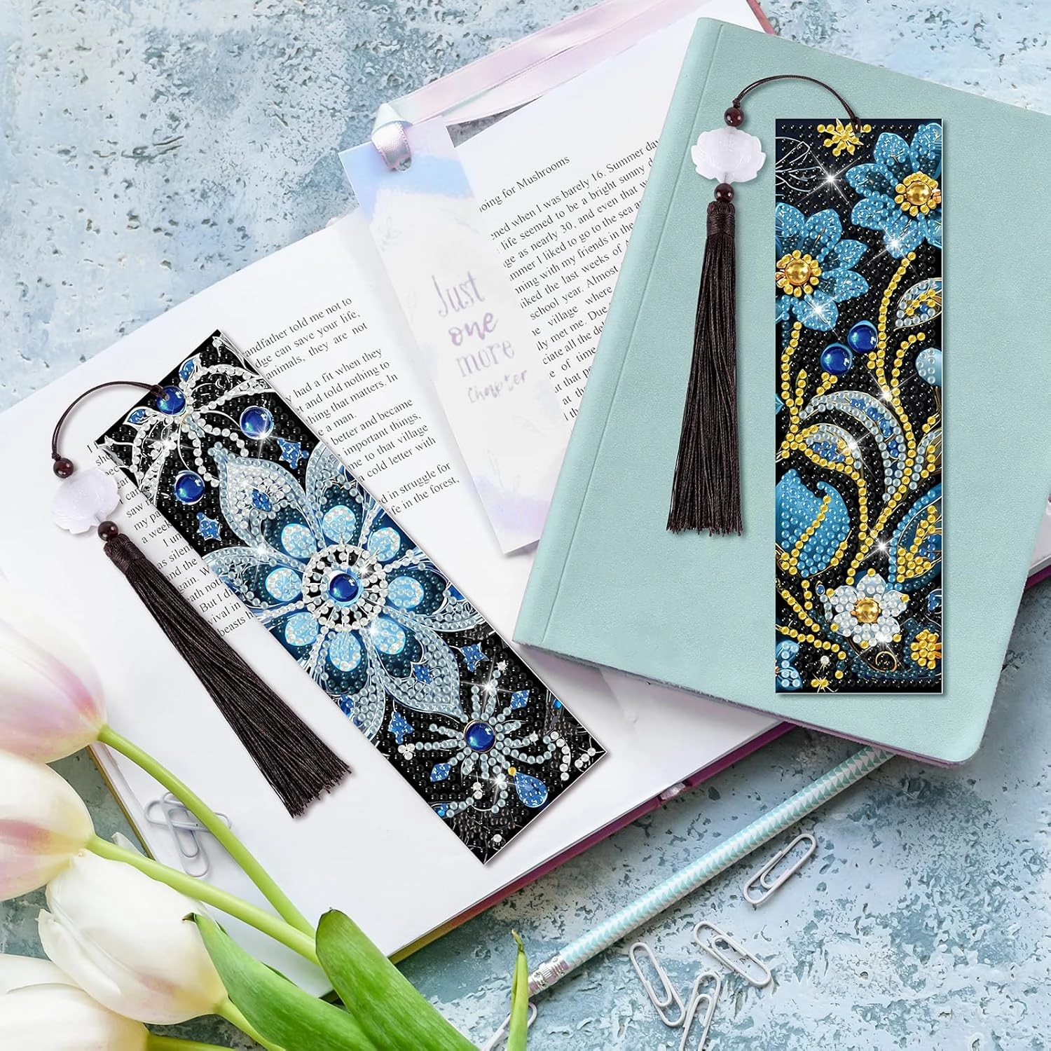 8 Pieces Christian Bible Verse Diamond Art Bookmarks 5d Christian Beaded Bookmark Acrylic Tassel Bookmark for DIY Making Beginners Kids Adults Arts Craft Supplies (Flower)