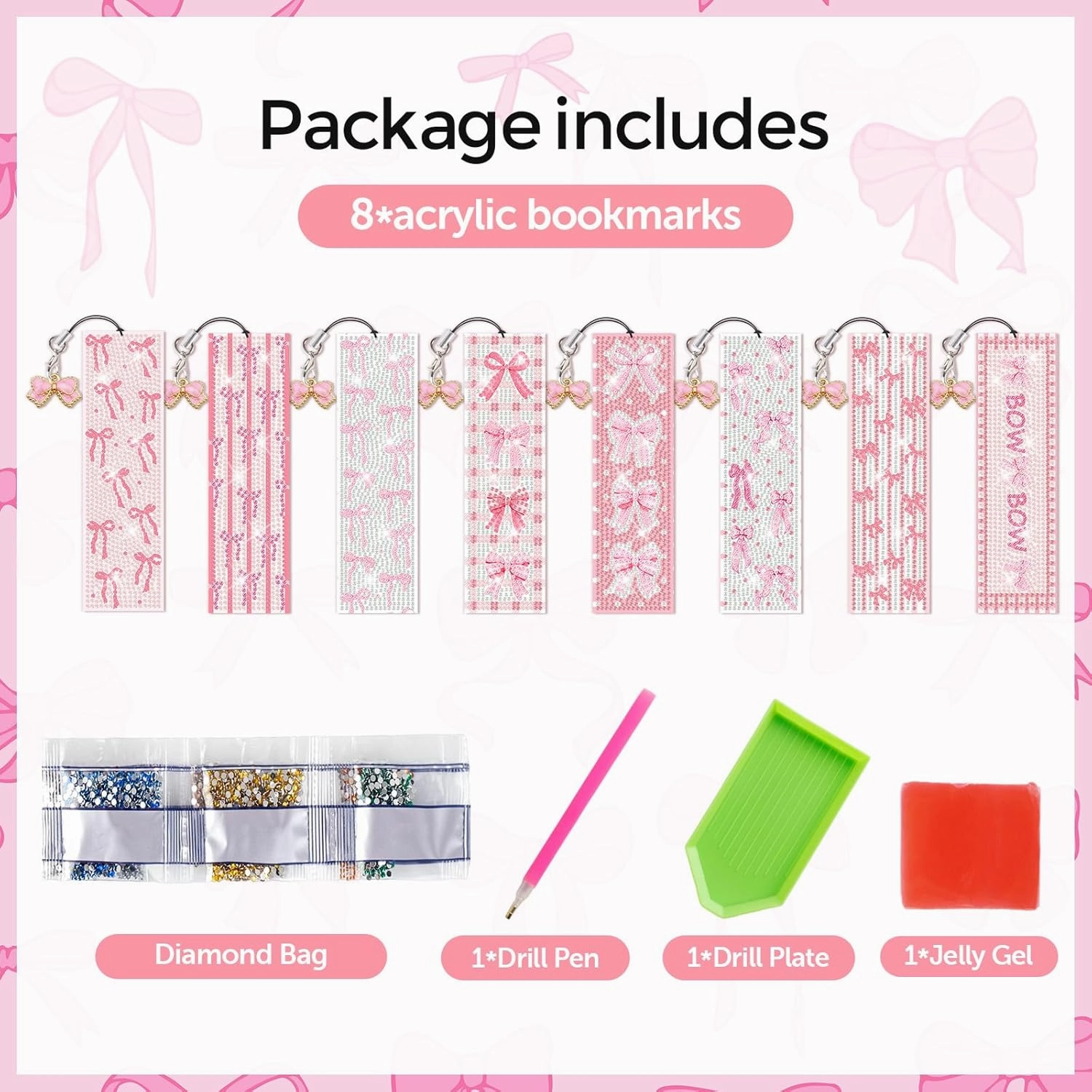 8 Pieces Christian Bible Verse Diamond Art Bookmarks 5d Christian Beaded Bookmark Acrylic Tassel Bookmark for DIY Making Beginners Kids Adults Arts Craft Supplies (Pink Bow)