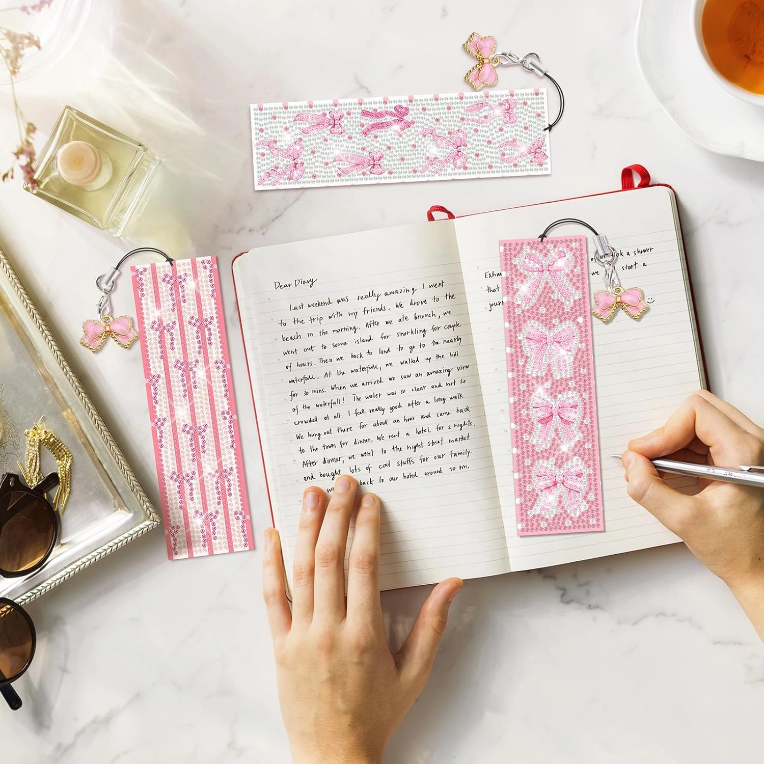 8 Pieces Christian Bible Verse Diamond Art Bookmarks 5d Christian Beaded Bookmark Acrylic Tassel Bookmark for DIY Making Beginners Kids Adults Arts Craft Supplies (Pink Bow)