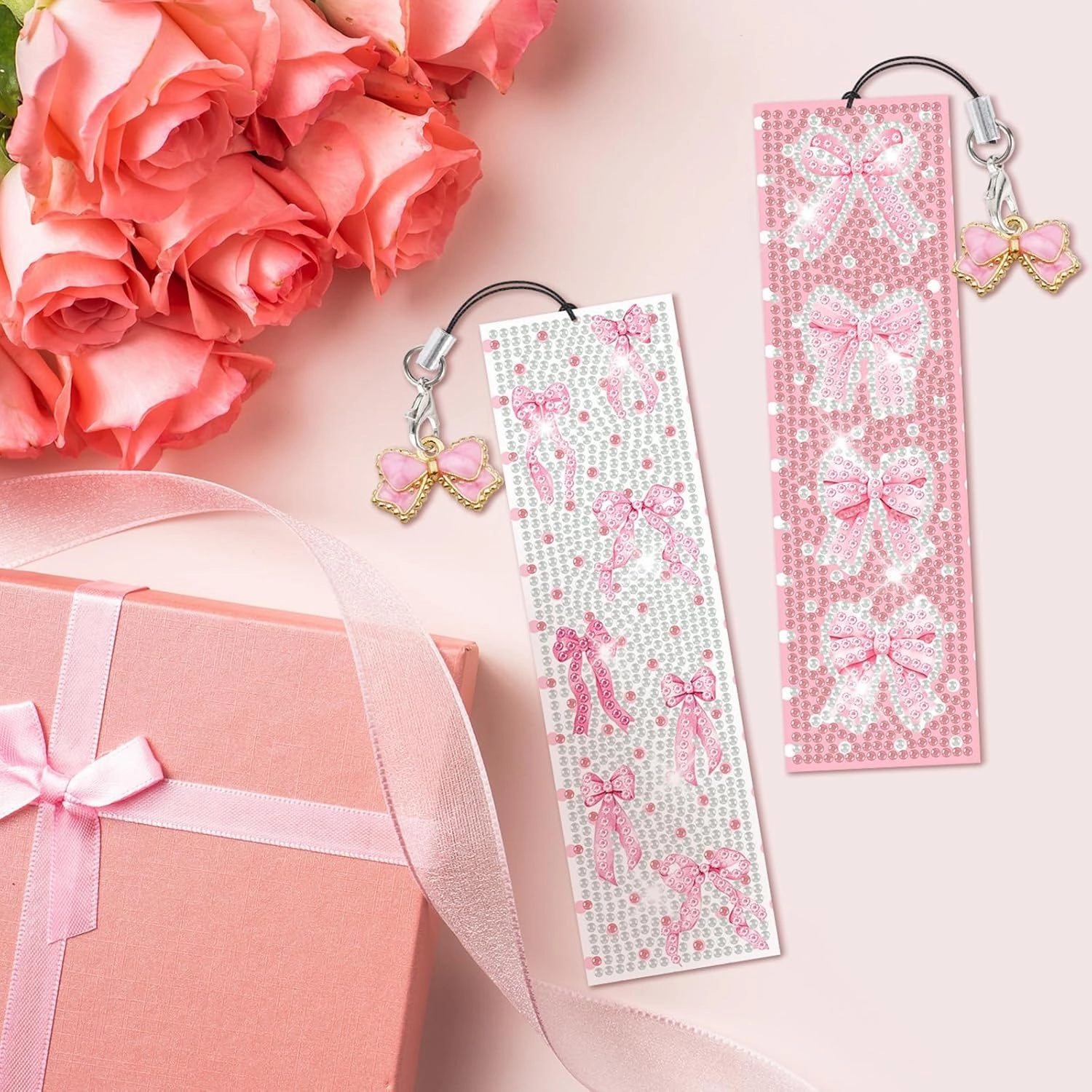 8 Pieces Christian Bible Verse Diamond Art Bookmarks 5d Christian Beaded Bookmark Acrylic Tassel Bookmark for DIY Making Beginners Kids Adults Arts Craft Supplies (Pink Bow)