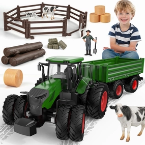8-Wheels Tractor Toys with Trailer, Animal Farm Toy Toddler Playset with Fence,Farmer,Tree,Cow, Farm Animals Toy Truck Vehicle Set for Kids 3-12 Years Old Boys Girls Birthday Gift