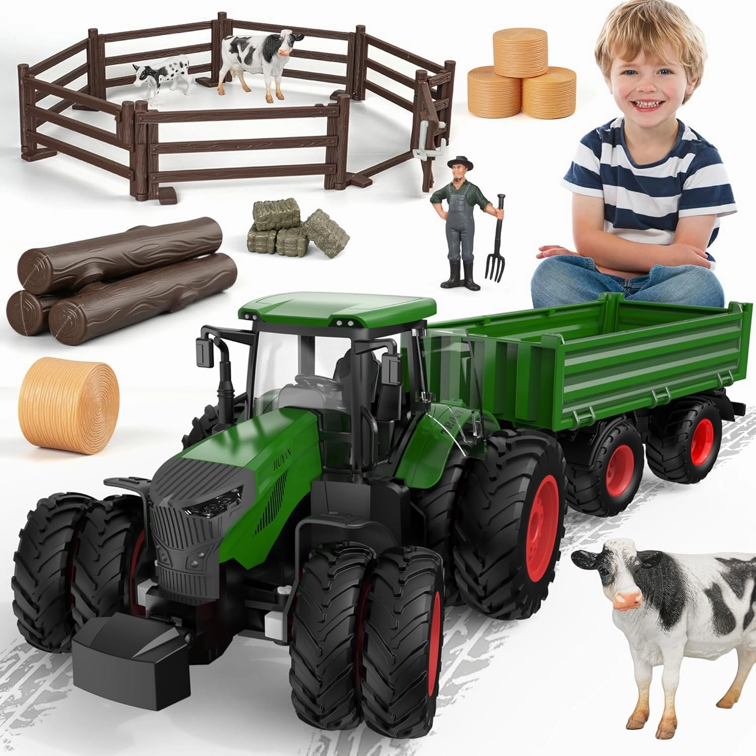 8-Wheels Tractor Toys with Trailer, Animal Farm Toy Toddler Playset with Fence,Farmer,Tree,Cow, Farm Animals Toy Truck Vehicle Set for Kids 3-12 Years Old Boys Girls Birthday Gift