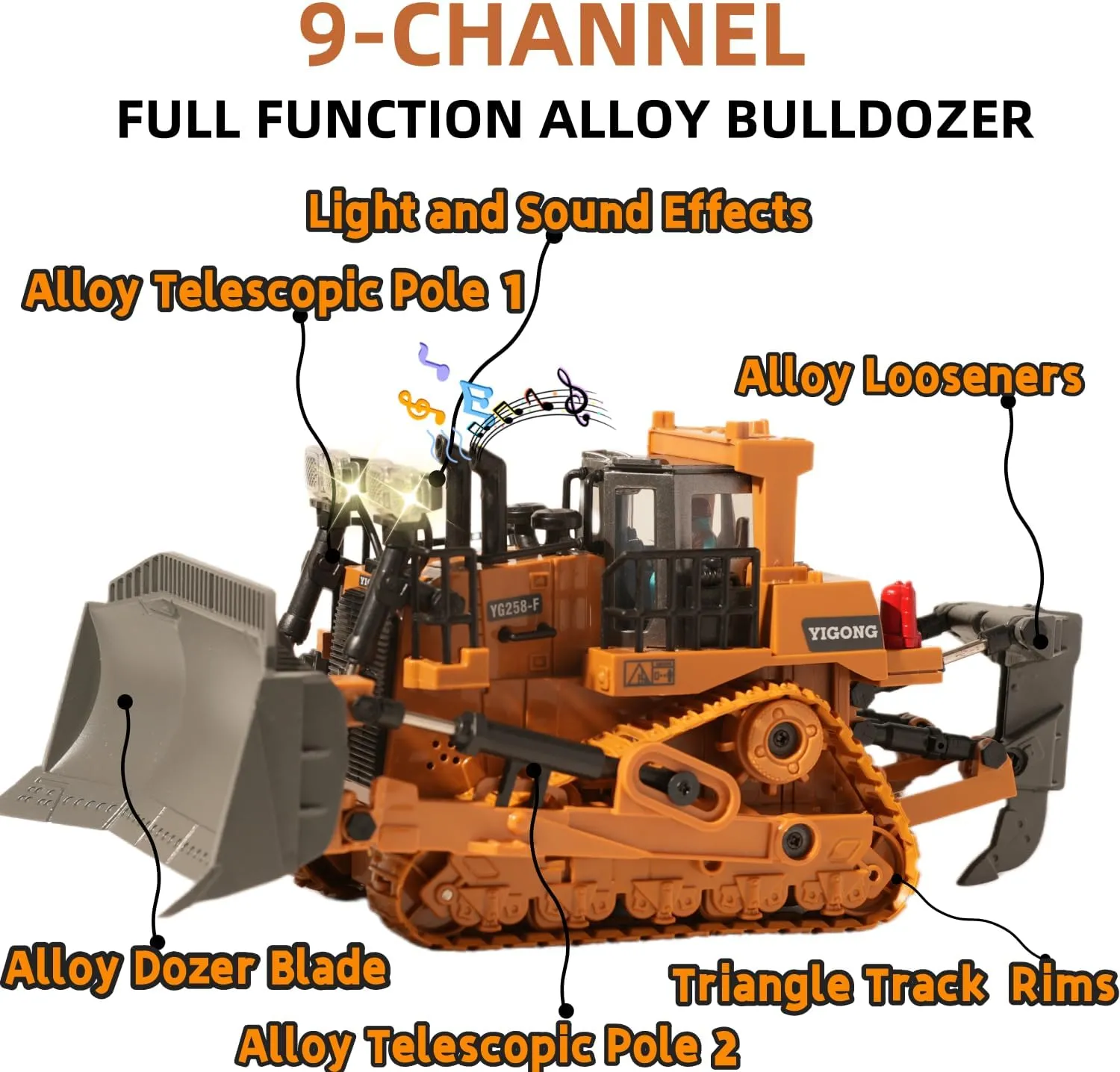 9-Channel Metal RC Bulldozer with Lights and Sound - Remote Control Heavy Equipment Construction Vehicles Dozer Toys for Adults Kids Boys Ages Year 3 4 5 6 7 8 9 10 11 12 13 