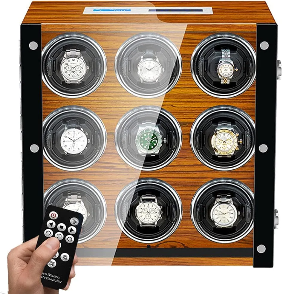 9 Watch Winder for Automatic Watches with LED Backlight and LCD Touchscreen Control Adjustable Watch Pillows and Quiet Japanese Motor Watch Collection Case Brown