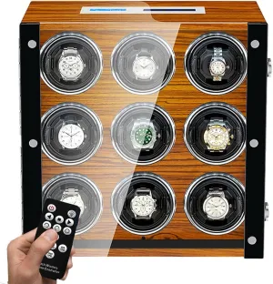 9 Watch Winder for Automatic Watches with LED Backlight and LCD Touchscreen Control Adjustable Watch Pillows and Quiet Japanese Motor Watch Collection Case Brown