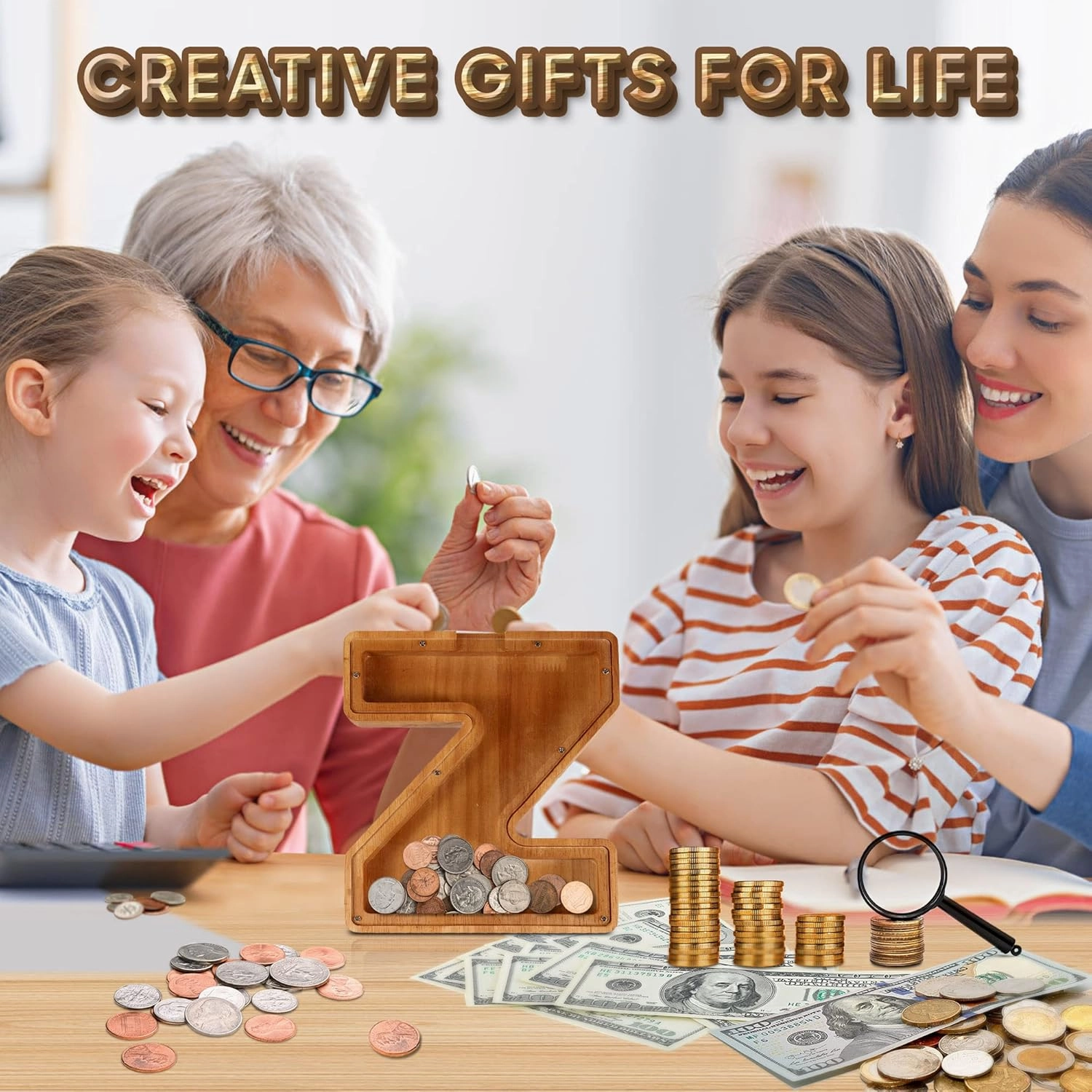 9.11 inch Large Letter Wooden Piggy-Bank for Kids Boys Girls Adults Personalized Piggy-Bank 26 Alphabet Custom Name DIY A-Z Letter Coin Bank Perfect for Kids Adults Gift and Home Decoration
