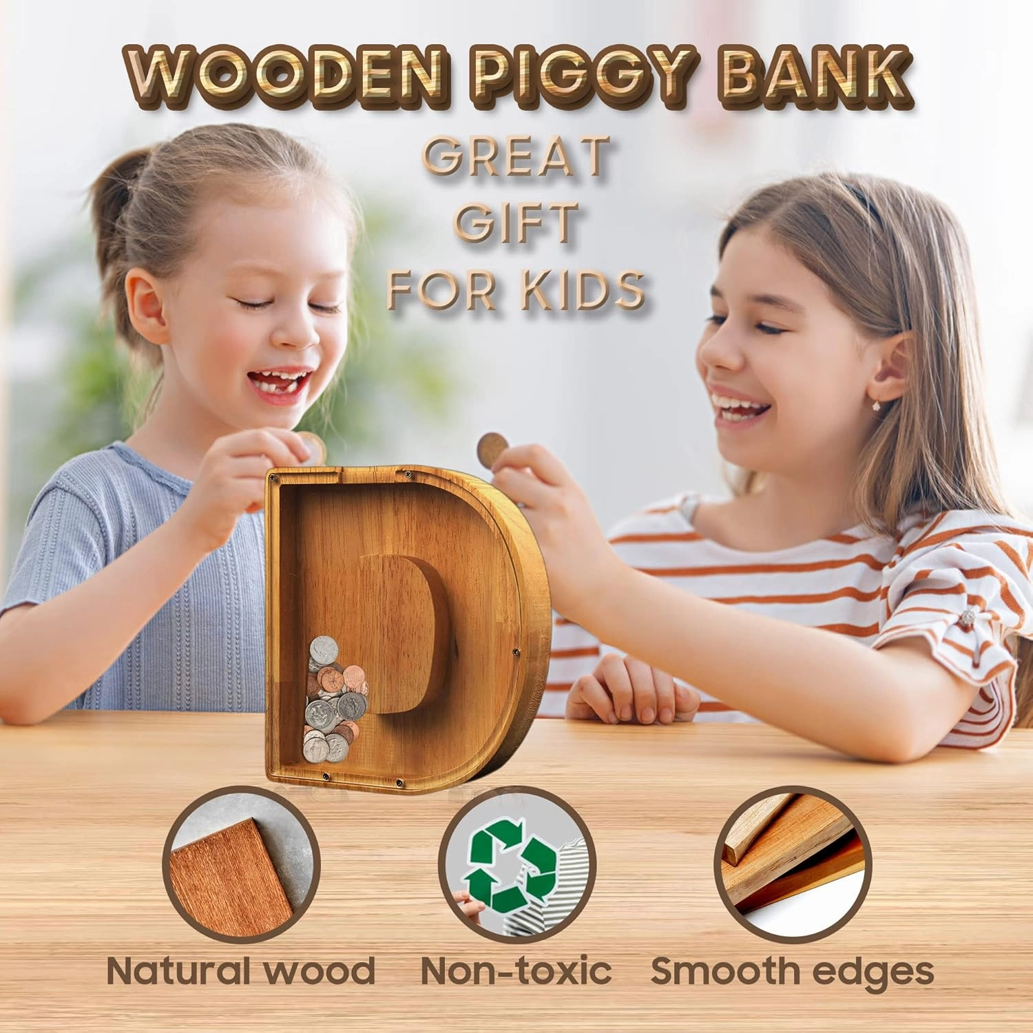 9.11 inch Large Letter Wooden Piggy-Bank for Kids Boys Girls Adults Personalized Piggy-Bank 26 Alphabet Custom Name DIY A-Z Letter Coin Bank Perfect for Kids Adults Gift and Home Decoration