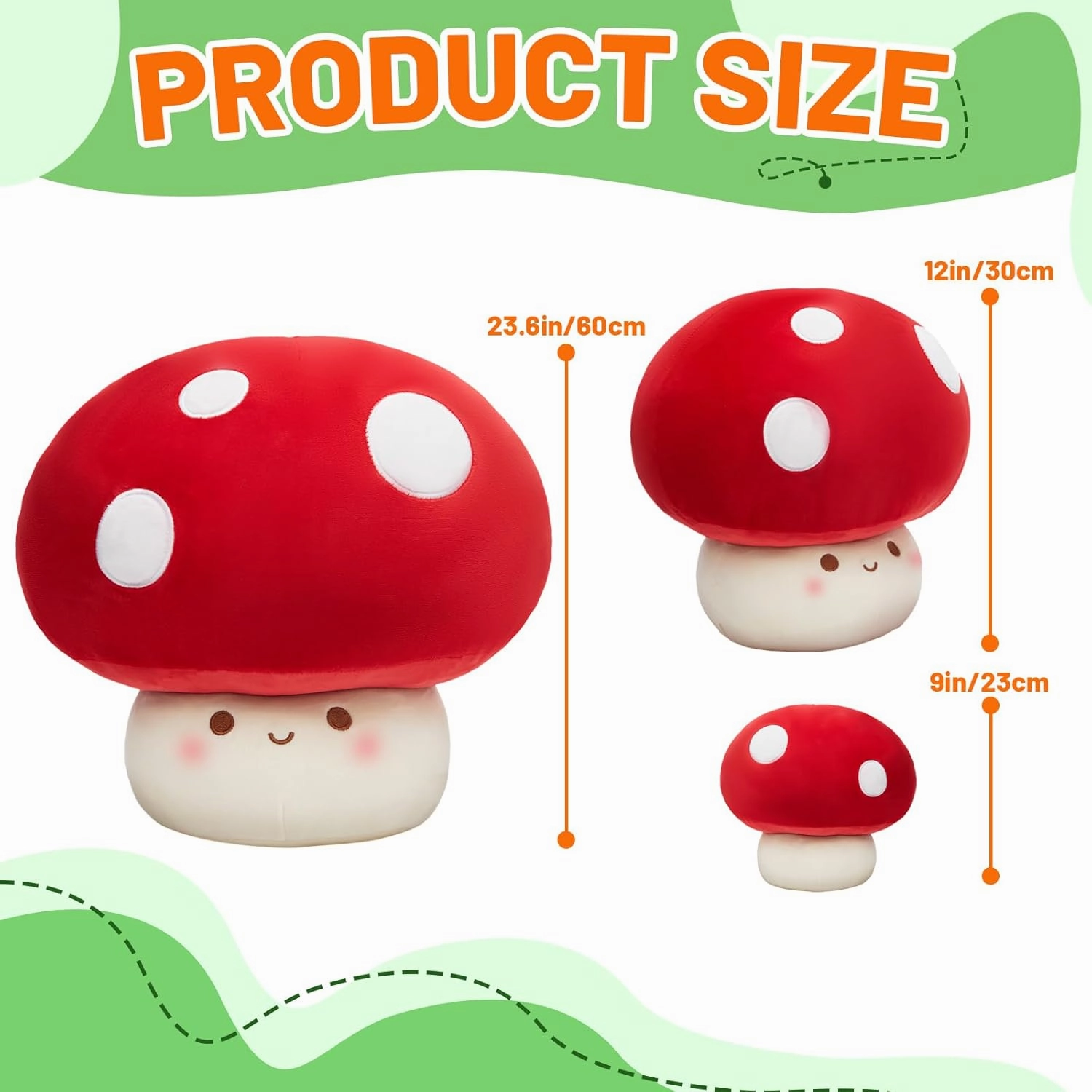 9/12/23.6-Inch Mushroom Pillow - Cute Mushroom Stuffed Animal Plush Toy Decorative Throw Pillows for Home Car Halloween Birthday Gift for Kids Adults