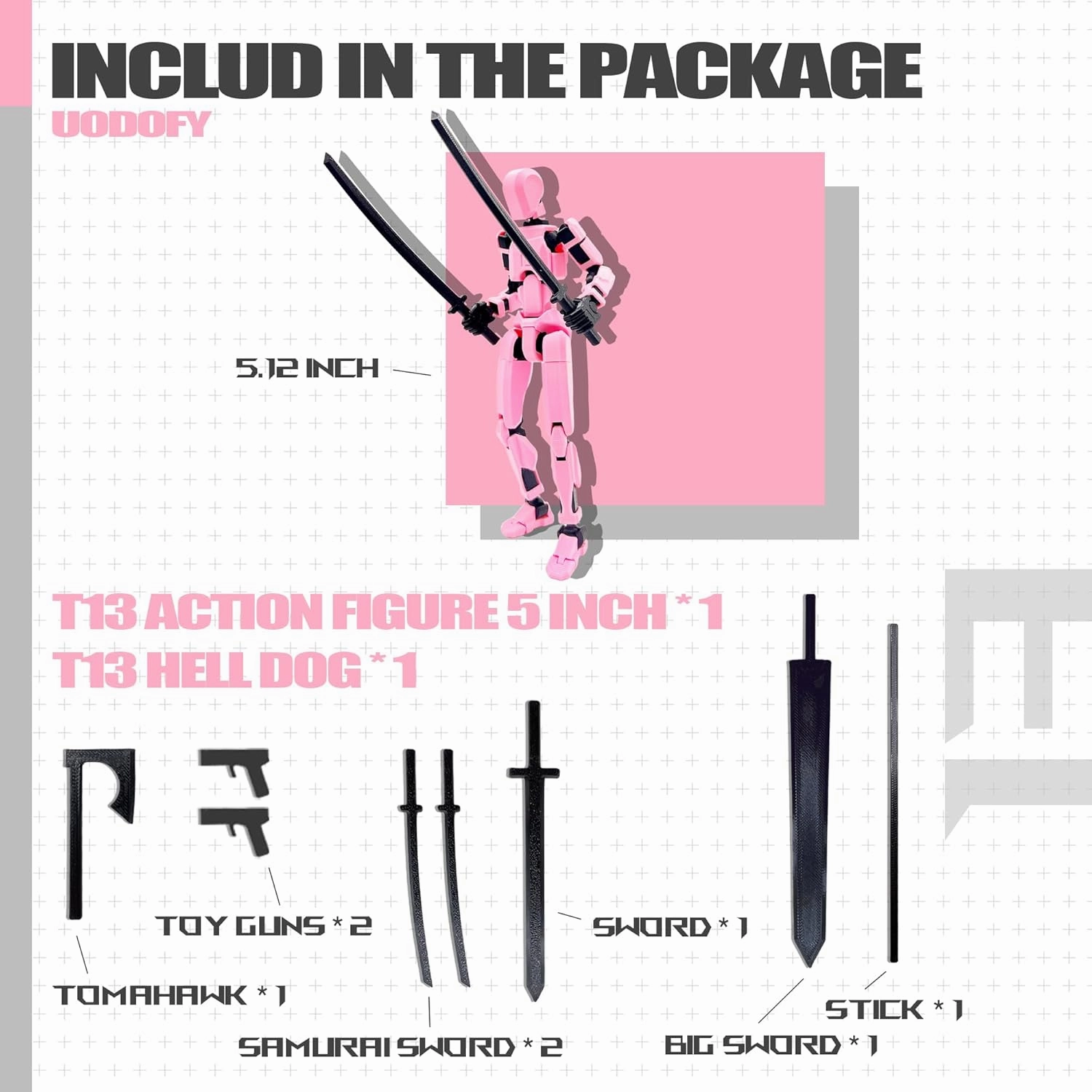 (Assembly Completed) T13 Action Figure Set, 3D Printed Toys Robo 13 Action Figure,Dummy 13 Titan 13 Action Figure (Pink Black   Dog)