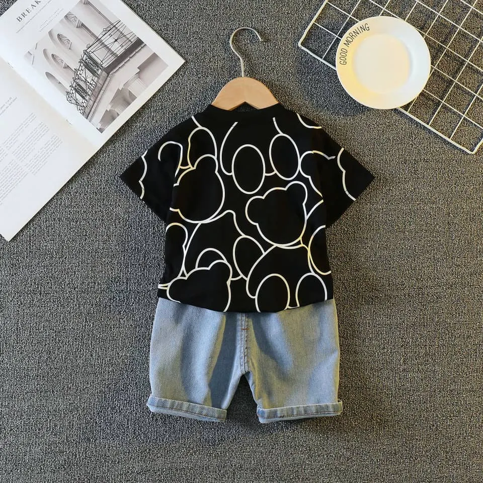 Abstract Teddy Print Tee & Denim Short Set