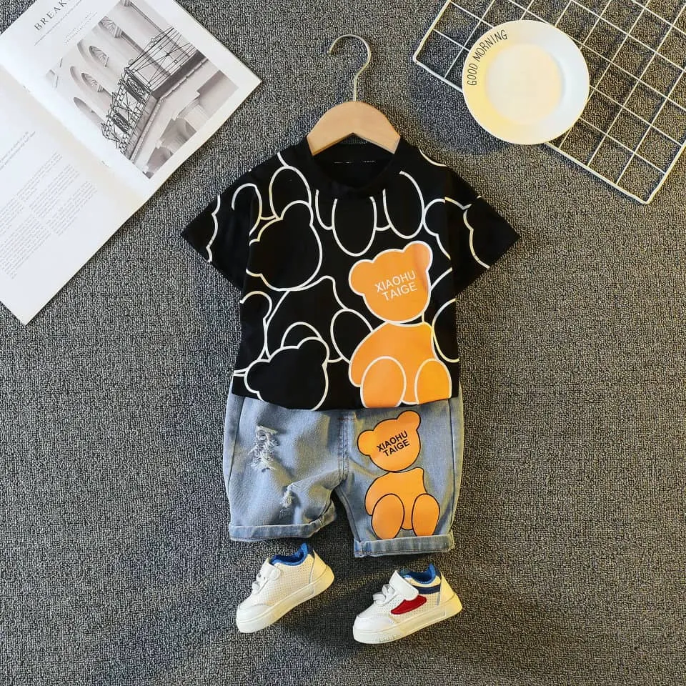 Abstract Teddy Print Tee & Denim Short Set