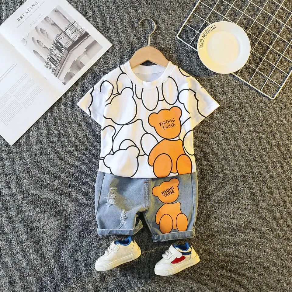 Abstract Teddy Print Tee & Denim Short Set