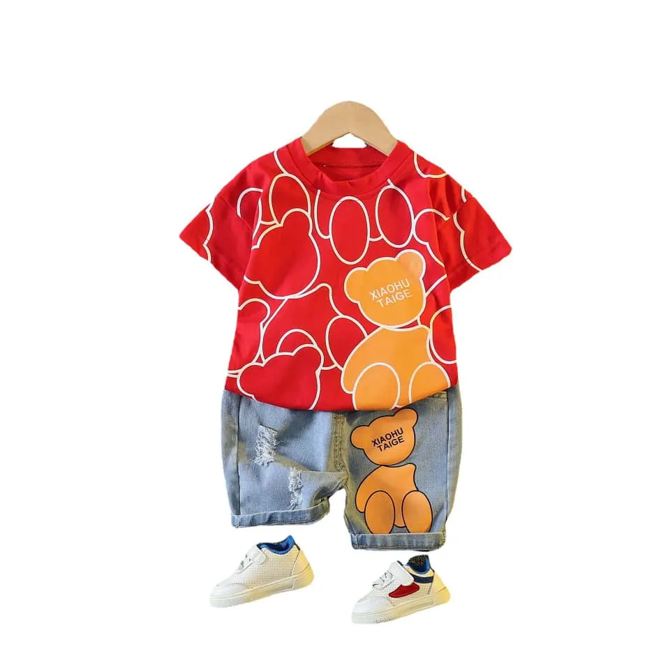 Abstract Teddy Print Tee & Denim Short Set