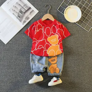 Abstract Teddy Print Tee & Denim Short Set