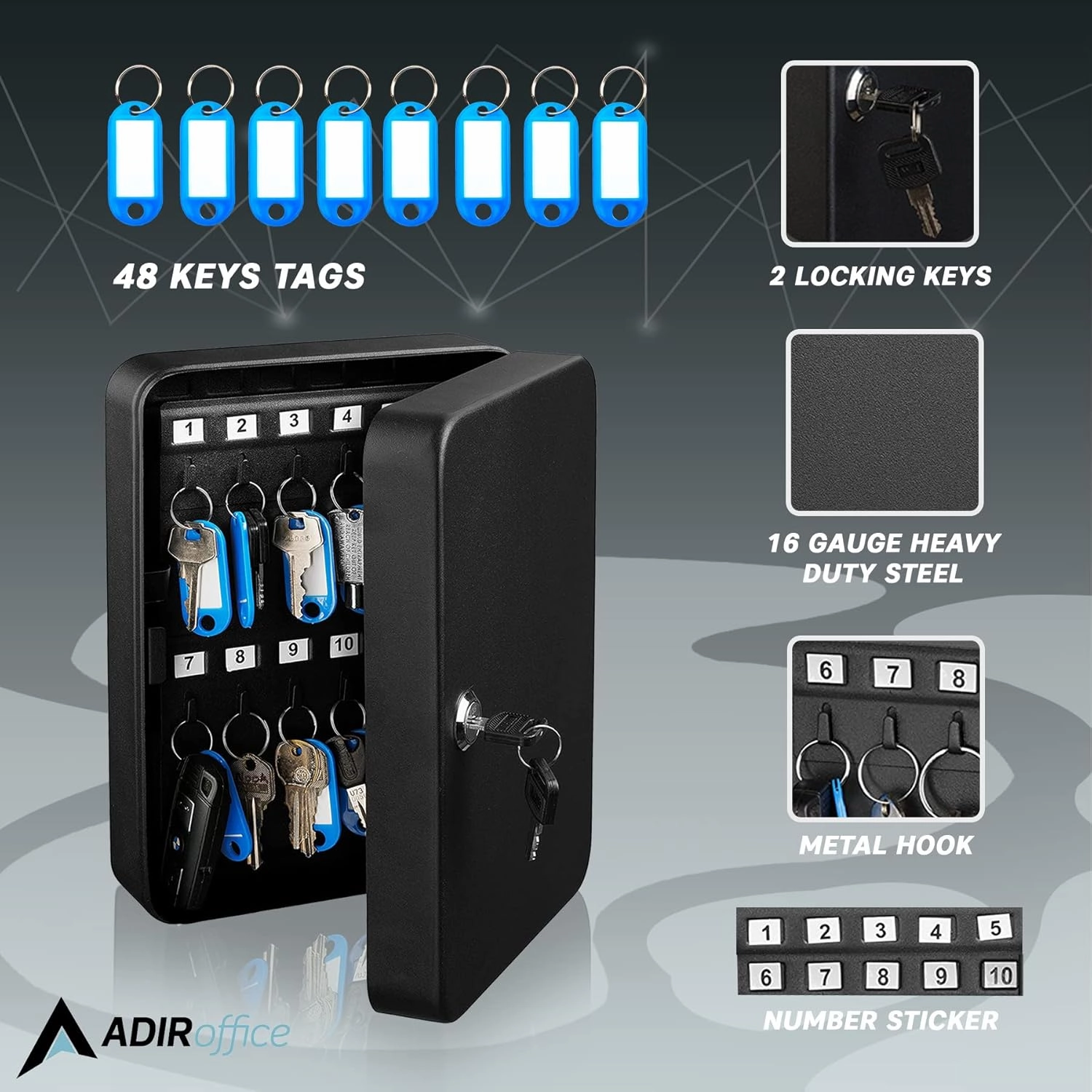 AdirOffice Key Lock Box – 48 Key Hooks Wall Mounted Key Cabinet Lock Box, Car Keys Holder Box, Lockable Key Storage Box - Metal Key Box Organizer with for Home and Office