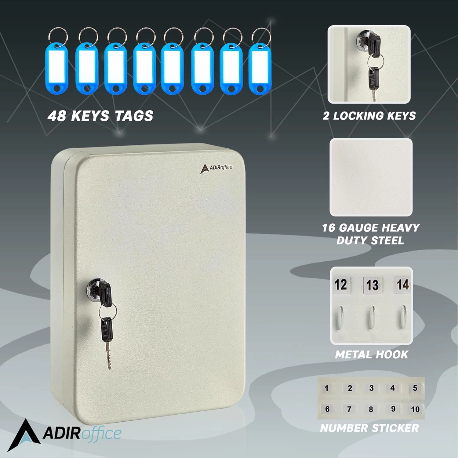 AdirOffice Key Lock Box – 48 Key Hooks Wall Mounted Key Cabinet Lock Box, Car Keys Holder Box, Lockable Key Storage Box - Metal Key Box Organizer with for Home and Office