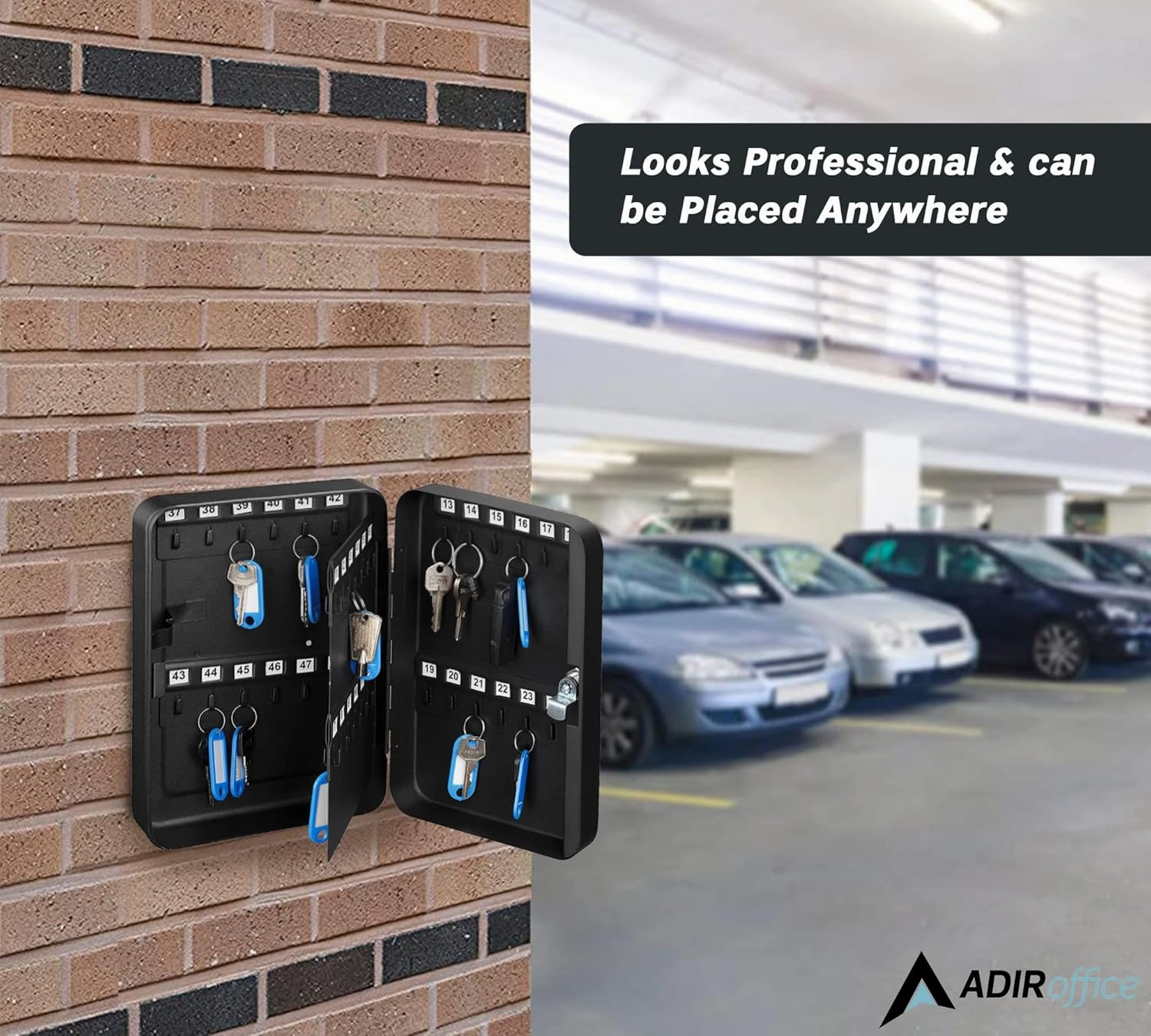 AdirOffice Key Lock Box – 48 Key Hooks Wall Mounted Key Cabinet Lock Box, Car Keys Holder Box, Lockable Key Storage Box - Metal Key Box Organizer with for Home and Office