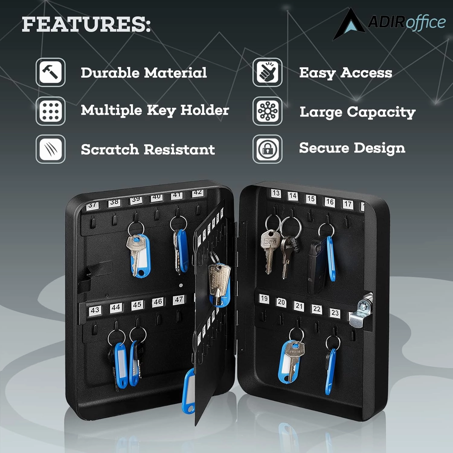 AdirOffice Key Lock Box – 48 Key Hooks Wall Mounted Key Cabinet Lock Box, Car Keys Holder Box, Lockable Key Storage Box - Metal Key Box Organizer with for Home and Office