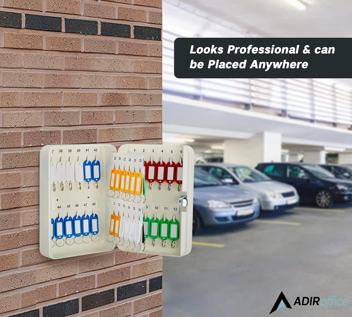 AdirOffice Key Lock Box – 48 Key Hooks Wall Mounted Key Cabinet Lock Box, Car Keys Holder Box, Lockable Key Storage Box - Metal Key Box Organizer with for Home and Office