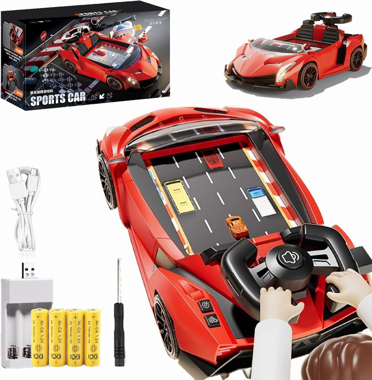 Adventure Race Car Steering Wheel Toy, Racing Game for Toddlers, SteerJoy Driving Simulator, Simulation Driving Car Toy Interactive Toddler Racing Game for Kids 3 , 100 Levels to Pass (Red)