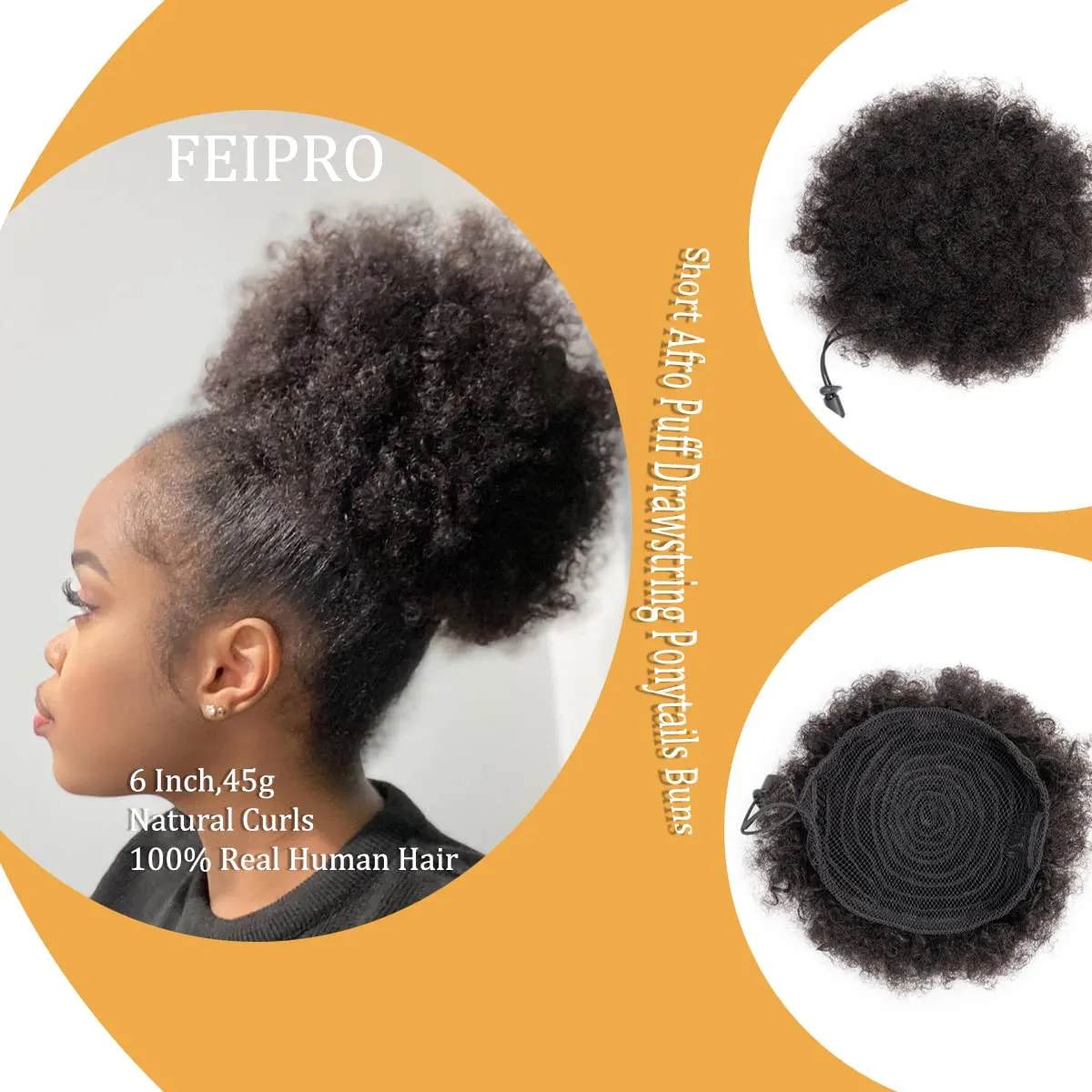 Afro Puff Drawstring Ponytail Human Hair 8a Brazilian Virgin Hair 2 Clip In Natural Kinky Curly Puffs Updo Chignon Buns Extension for Black Women Girls 12 Inch #1B Natural Black