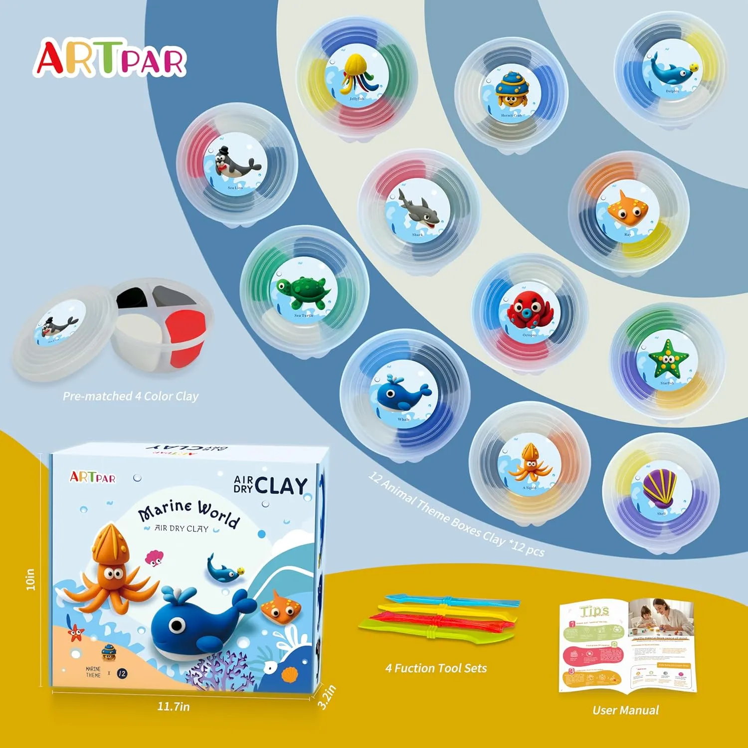 Air-Dry Clay Kit,Modeling Clay for Kids,Non-Toxic, Ultra-Light, 12 Marine Animals‌ Molding Magic Clay with Tools & Guide| Creative DIY Arts & Crafts Gifts for Boys & Girls Ages 3-12