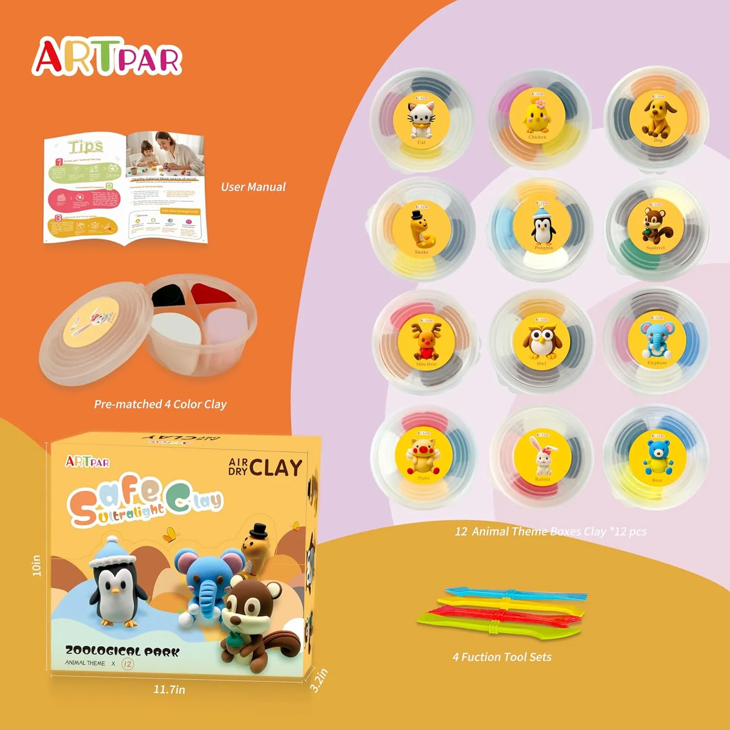 Air Dry Clay Kits for Kids-Modeling Magic Clay,12 Animals DIY Molding Clay Art Crafts Set,Ultra Light & Soft, Safe & Non-Toxic with Sculpting Tools & Tutorials, Unique Gifts for Boys & Girls