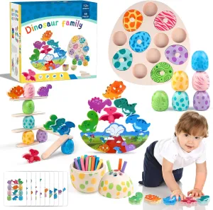 Aliex 4 in 1 Montessori Dinosaur Toys 12  Months Boys Girls, Wooden Blocks Stacking Balance Toys Stick Color Sorting Egg Puzzles Matching Game,Preschool Education Learning Gift for Toddlers 1 2 3 4