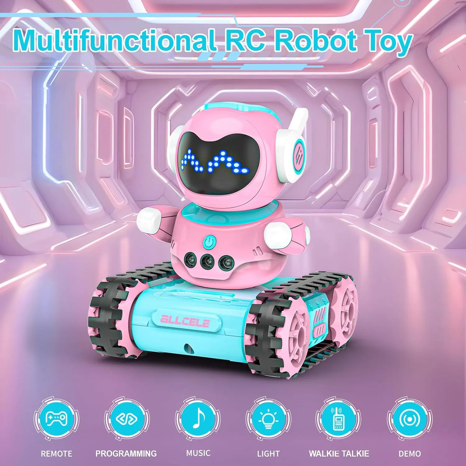 ALLCELE LED RC Robot Toys for Girls with Walkie Talkie, Programming, Music, Demo and LED Function, Remote Control Robot Toy, Gift for Girls 3-8 Years Old Blue Pink