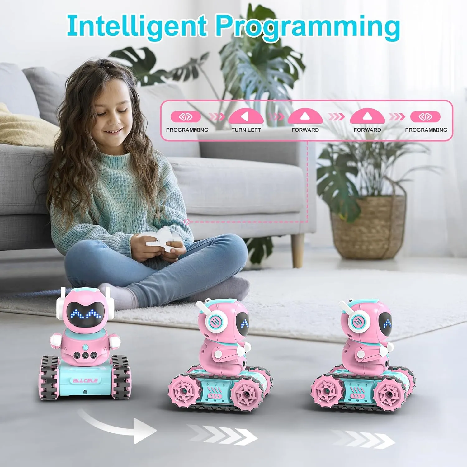 ALLCELE LED RC Robot Toys for Girls with Walkie Talkie, Programming, Music, Demo and LED Function, Remote Control Robot Toy, Gift for Girls 3-8 Years Old Blue Pink