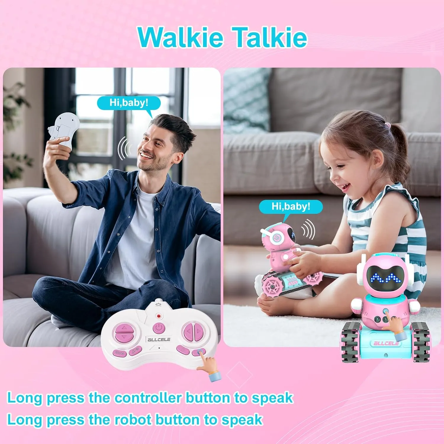 ALLCELE LED RC Robot Toys for Girls with Walkie Talkie, Programming, Music, Demo and LED Function, Remote Control Robot Toy, Gift for Girls 3-8 Years Old Blue Pink