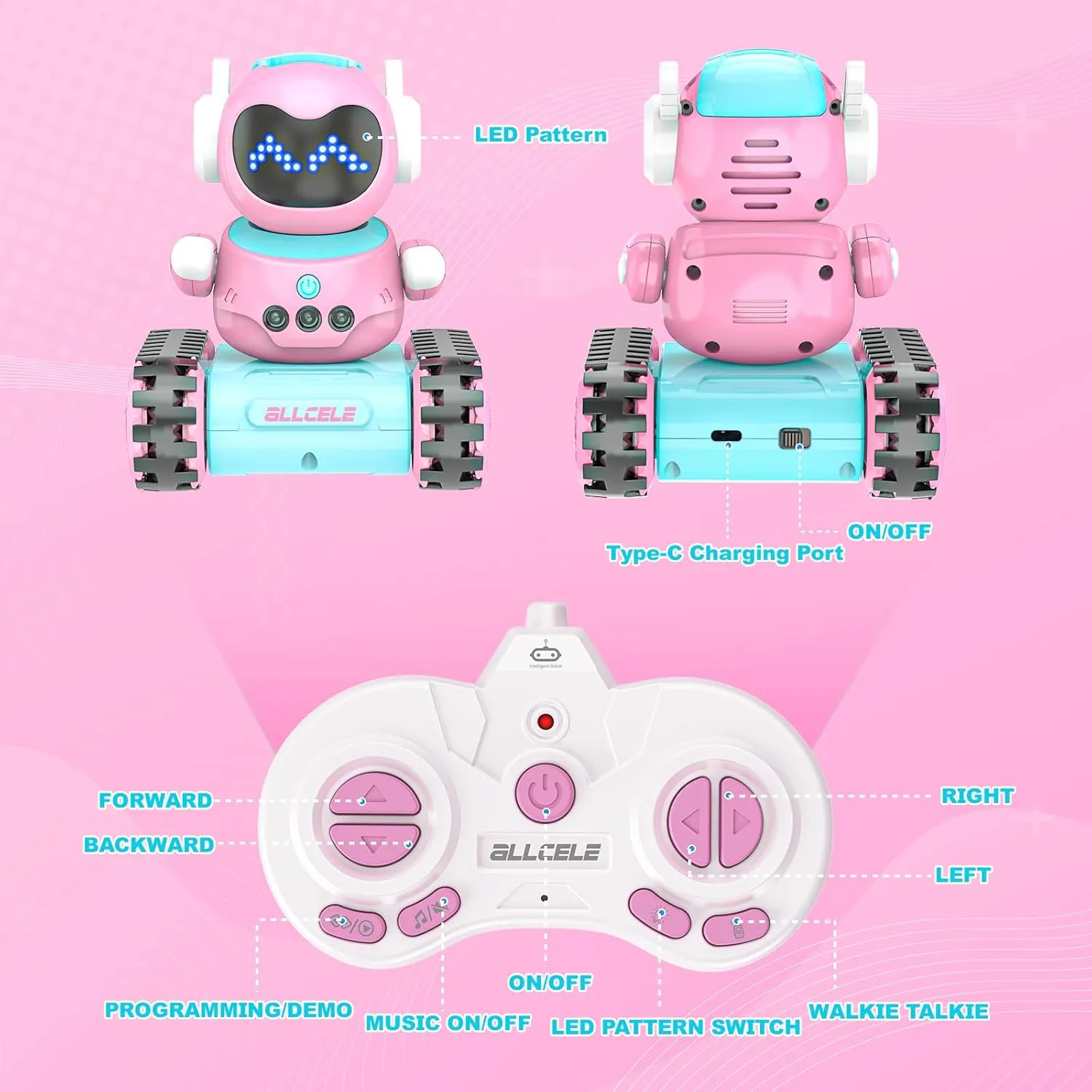 ALLCELE LED RC Robot Toys for Girls with Walkie Talkie, Programming, Music, Demo and LED Function, Remote Control Robot Toy, Gift for Girls 3-8 Years Old Blue Pink