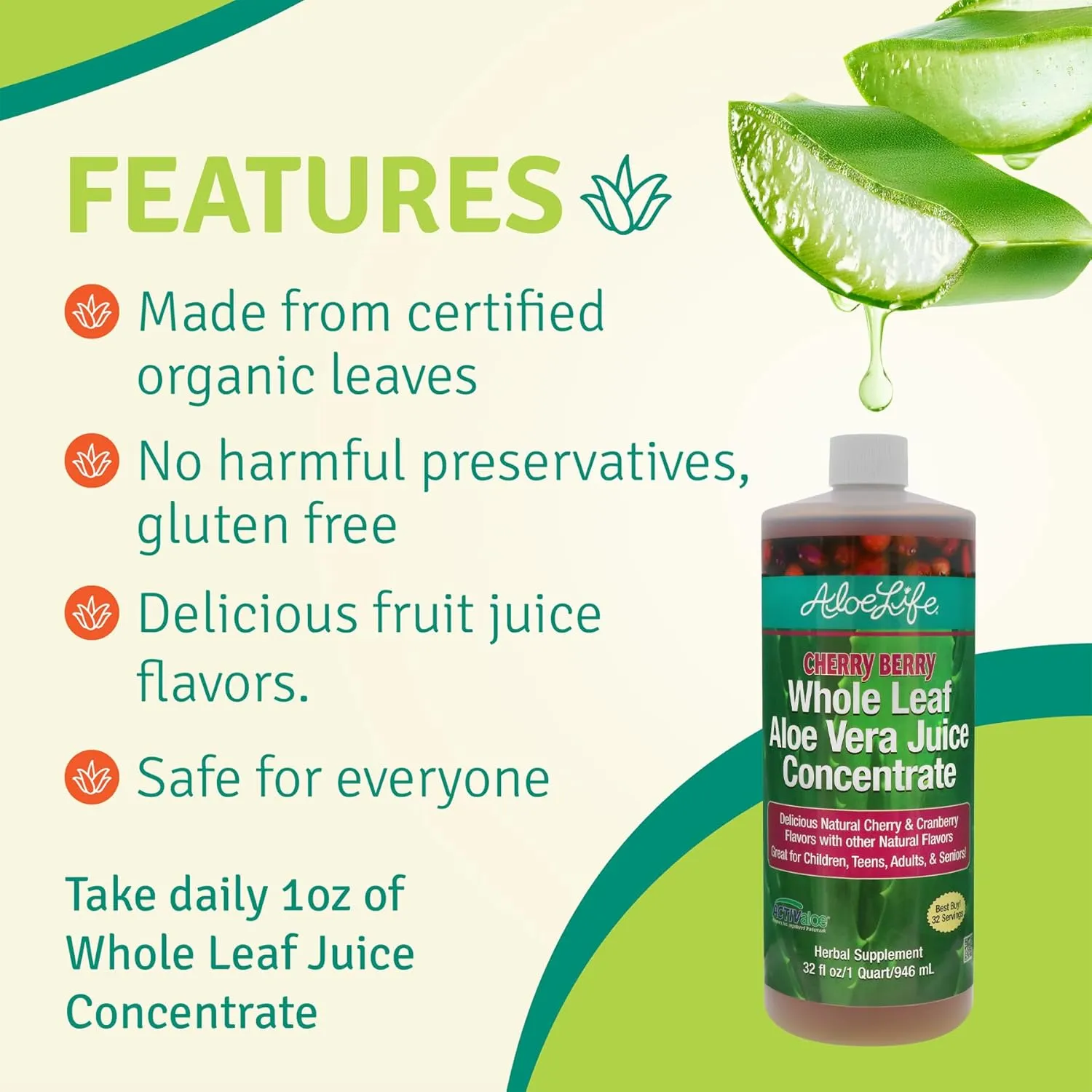 Aloe Life - Whole Leaf Aloe Vera Juice, Certified Organic, Gluten-Free (Cherry Berry, 32 oz)