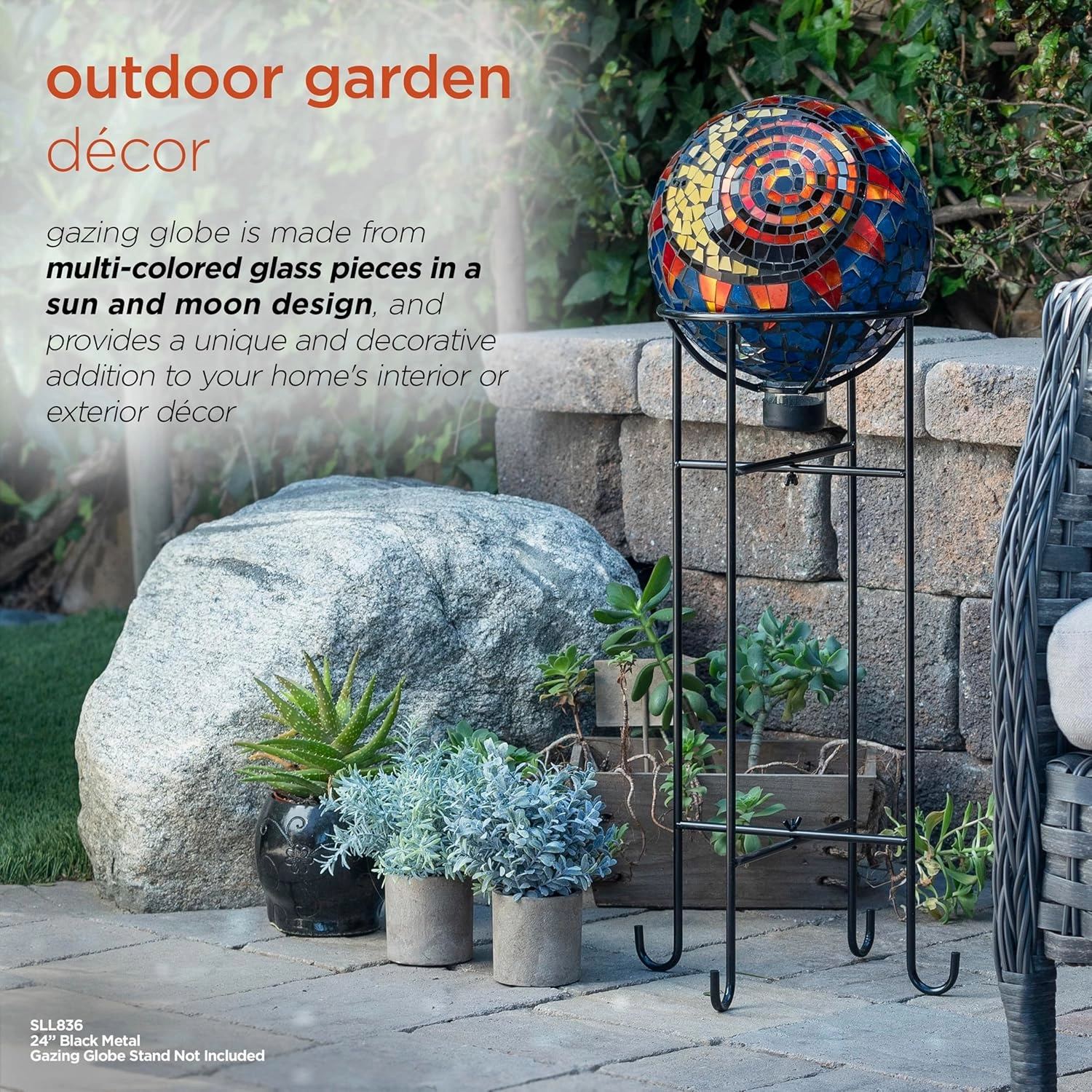 Alpine Corporation 10" Diameter Indoor/Outdoor Glass Mosaic Gazing Globe Yard Decoration, Mosaic Sun and Moon Design
