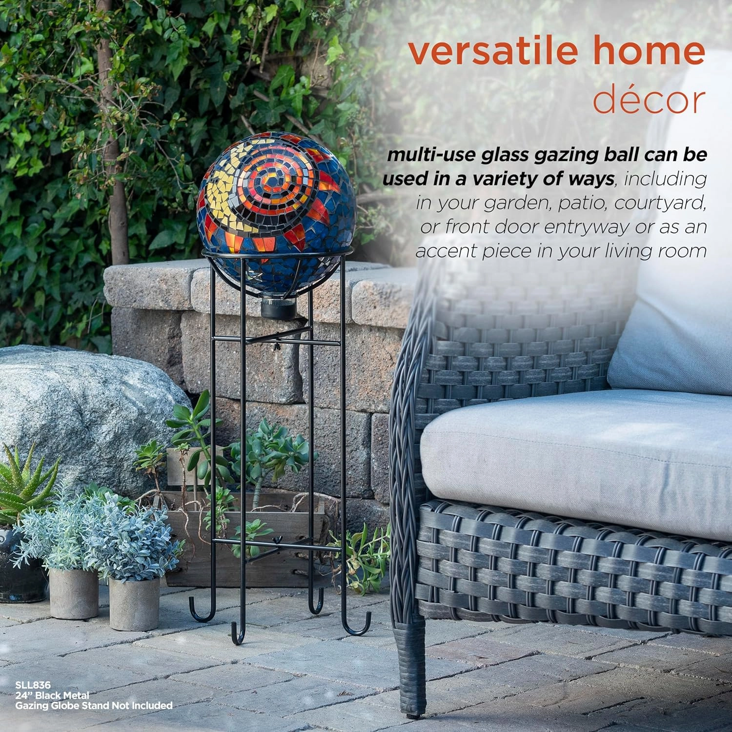 Alpine Corporation 10" Diameter Indoor/Outdoor Glass Mosaic Gazing Globe Yard Decoration, Mosaic Sun and Moon Design